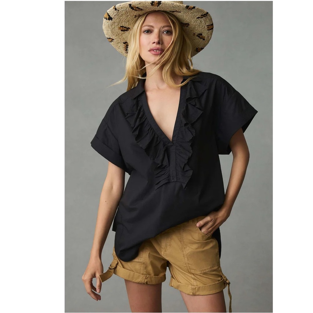Pilcro Black Reworked ruffled Shortsleeve Blouse